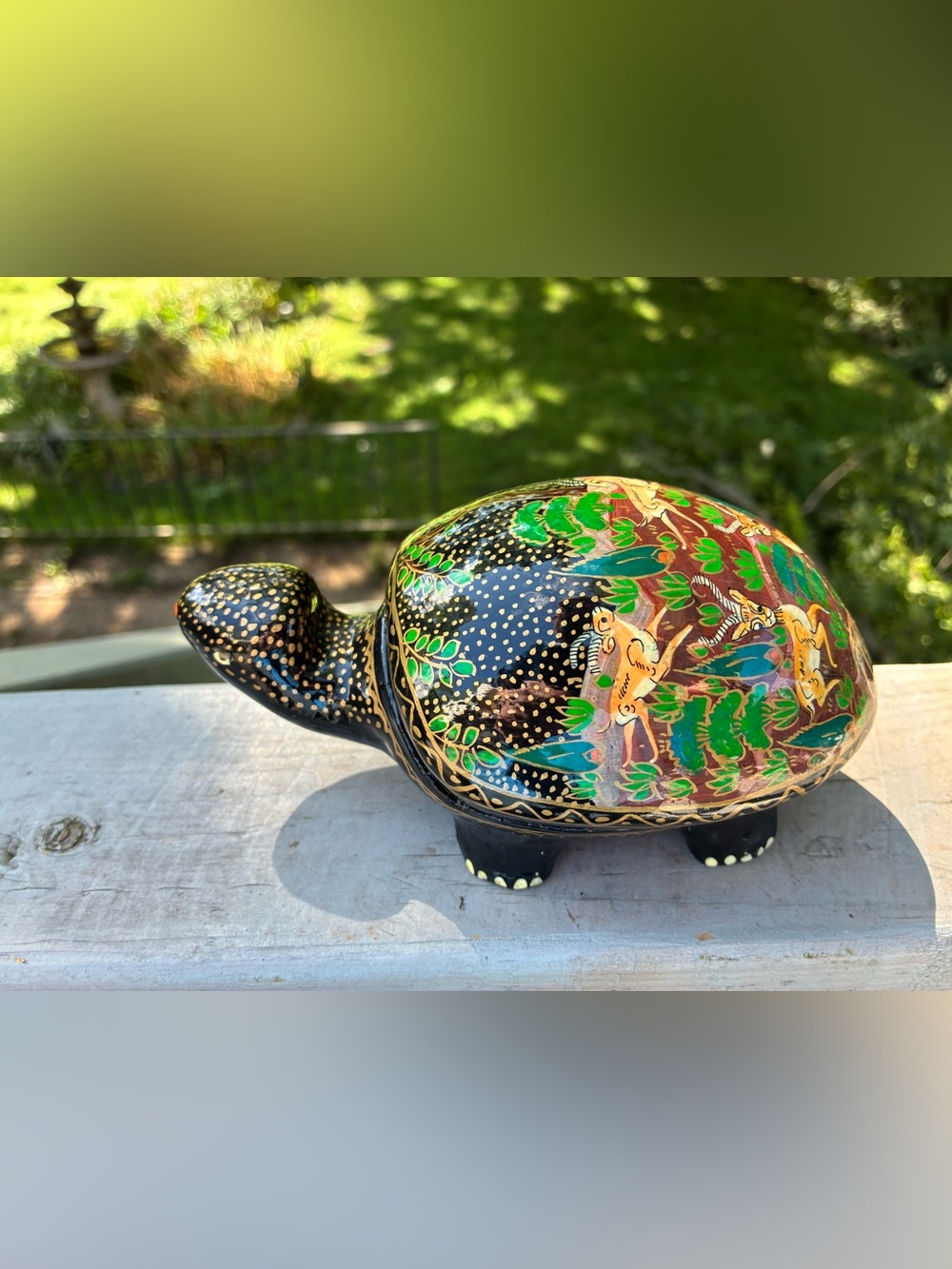 Hand-Painted Lacquered Paper Mache Turtle Jewelry Trinket Box